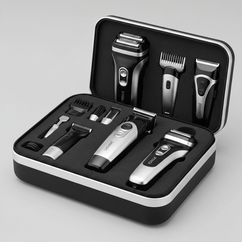 Complete Braun grooming kit with multiple attachments and accessories