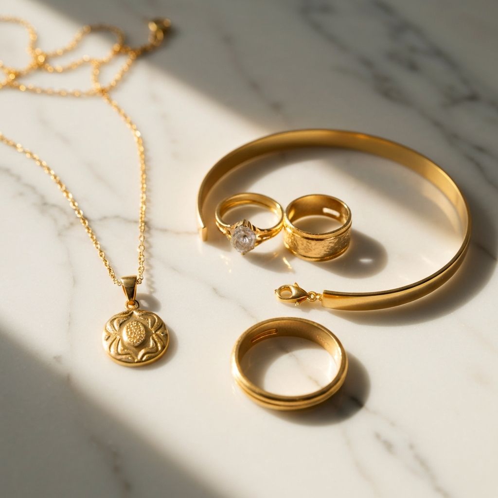 Elegant gold jewelry collection featuring necklaces and rings