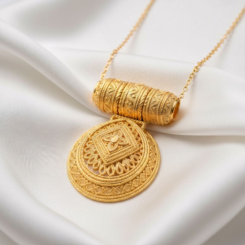 Stunning gold necklace with intricate pendant design